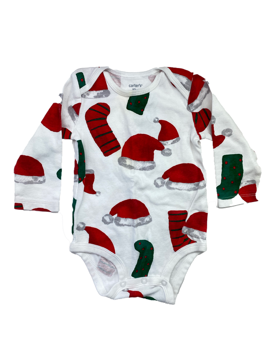 ❗️Stained: Carter's White Long Sleeve Onesie with Stockings & Santa's Hat 12M