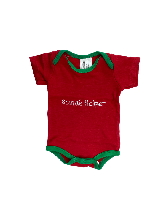 Red Onesie with Green Trim and "Santa's Helper" 0-3M