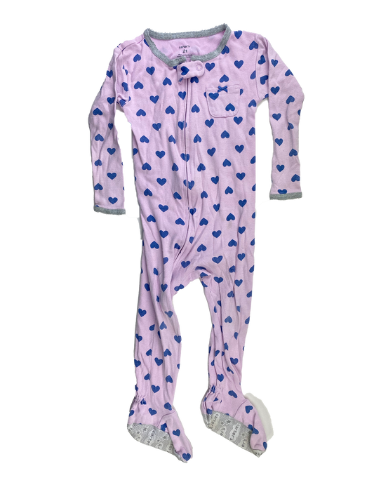 ❗️Stain: Carter's Purple Footed Sleeper with Blue Hearts 2T