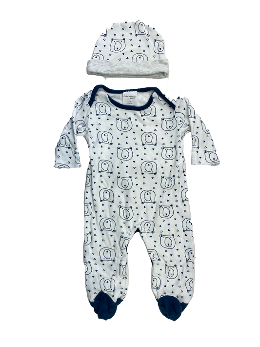 Chloe + Ethan 2-Piece Set White Jumpsuit & Beanie with Bears 0-3M