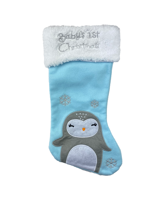 Blue Stocking "Baby's 1st Christmas" with Penguin