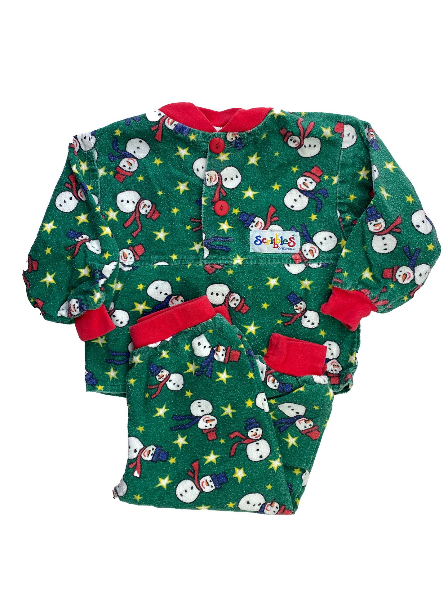 Scribbles Green PJ Set with Snowman and Stars 2T