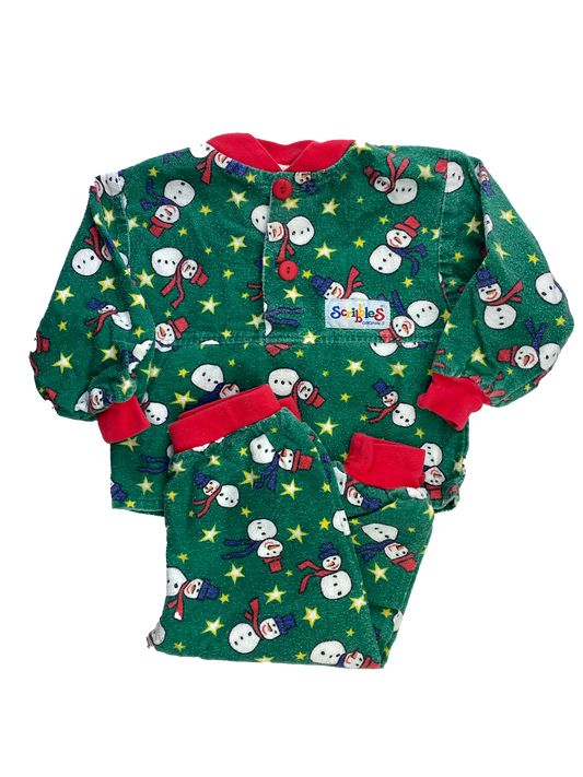Scribbles Green PJ Set with Snowman and Stars 2T