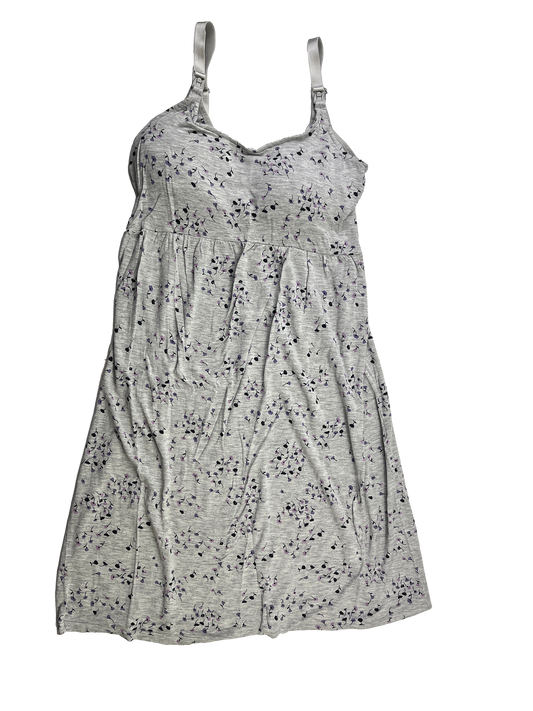 Thyme Grey Nursing Nightgown with Purple Flowers XS