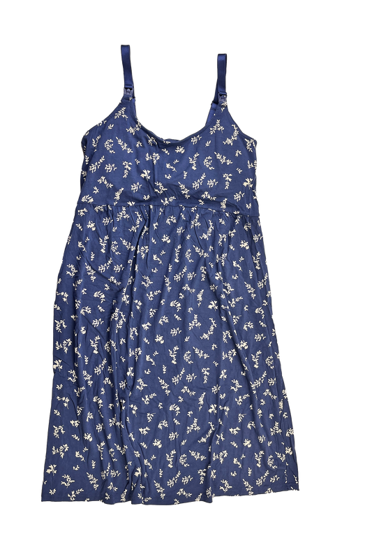 Thyme Navy Nursing Nightgown with White Flowers XS