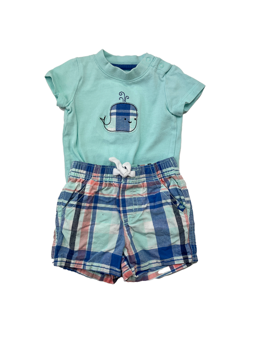 Gymboree Turquoise 2-Piece Set Onesie with Whale and Plaid Shorts 0-3M