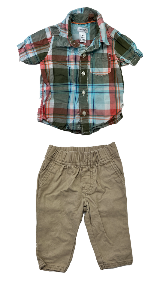 Carter's 2-Piece Set Plaid Button-Up Short Sleeve & Khaki Pants 6M