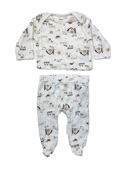 Gerber White 2-Piece Set Long Sleeve & Footed Pants with Farm Theme 0-3M