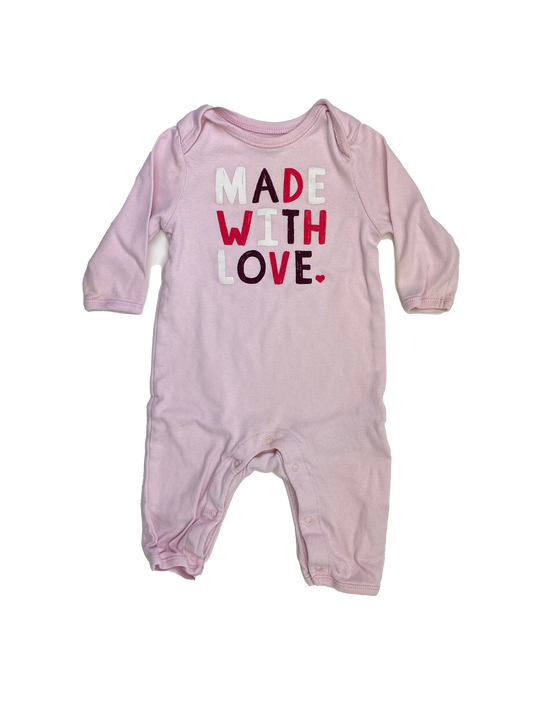 ❗️Small Stain: Old Navy Pink Long Sleeve Jumpsuit with "Made With Love" 3-6M