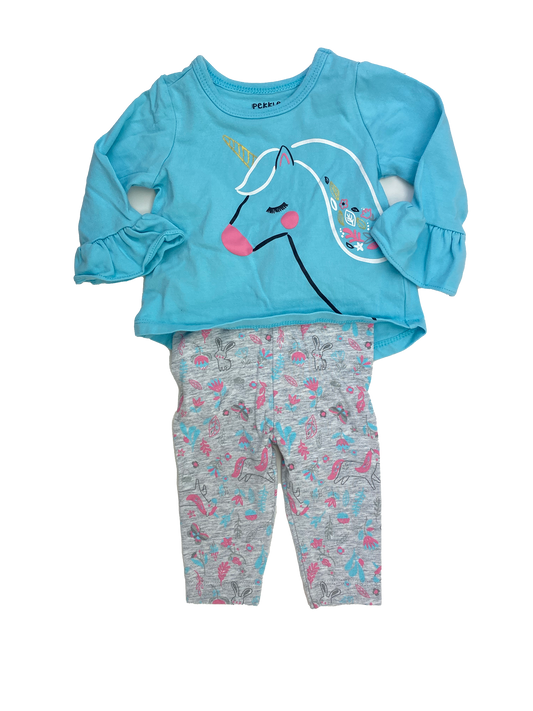 Pekkle 2-Piece Set Blue Long Sleeve & Leggings with Unicorns 3M