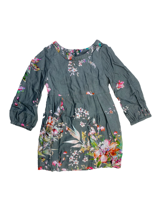Zara Grey Long Sleeve Dress with Flowers 3-4T