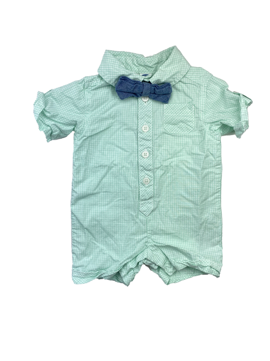 Old Navy Green Button-Up Romper with Blue Bowtie 0-3M