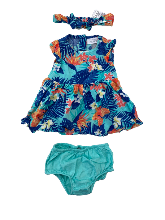 The Children's Place 3-Piece Set Blue & Teal Dress, Bloomers & Bow 0-3M