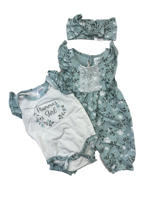 Baby Mode 3-Piece Set, White "Mama's Girl" Onesie, Teal Jumpsuit & Bow 0-3M