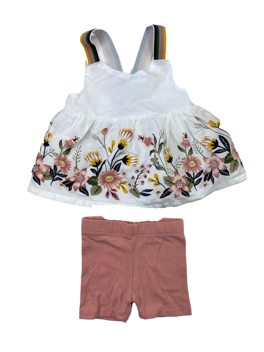 Cynthia Rowley 2-Piece Set White Tank Top with Flowers & Pink Shorts 3-6M