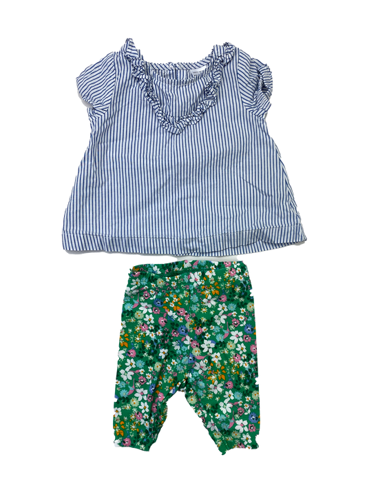 Carter's 2-Piece Set Blue Striped Top with Green Floral Leggings 3M