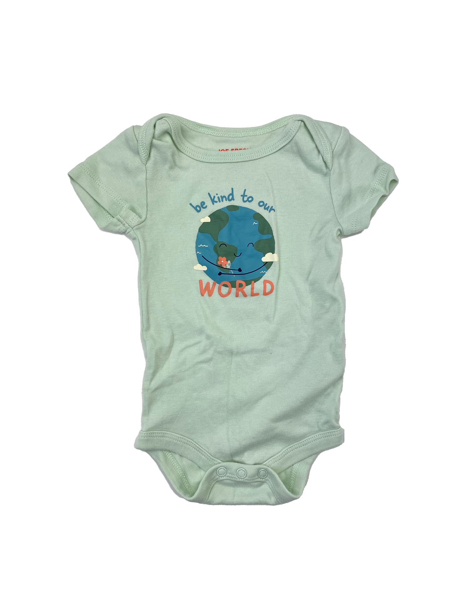 Joe Fresh Green Onesie with "Be Kind To Our World" 0-3M