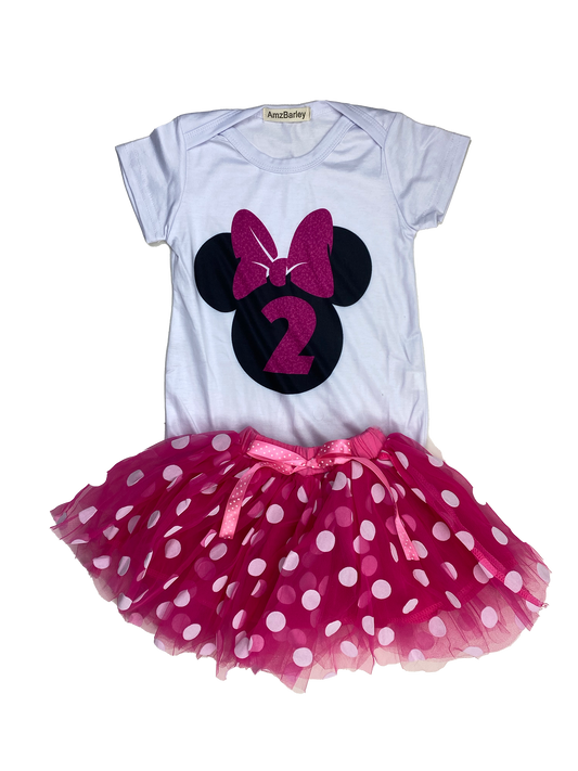 2-Piece Minnie 2nd Birthday Set White Onesie & Pink Tulle Skirt 2T