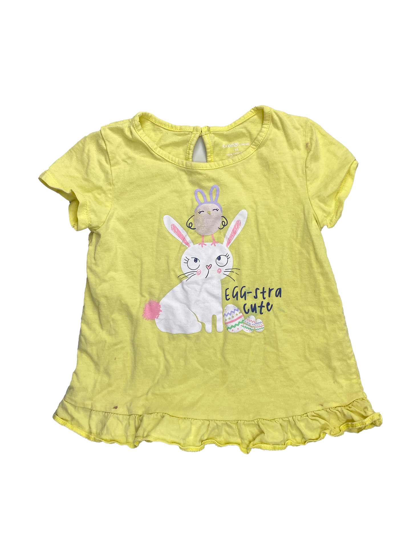 ❗️Stain: George Yellow T-Shirt with Bunny "Egg-stra Cute" 5T