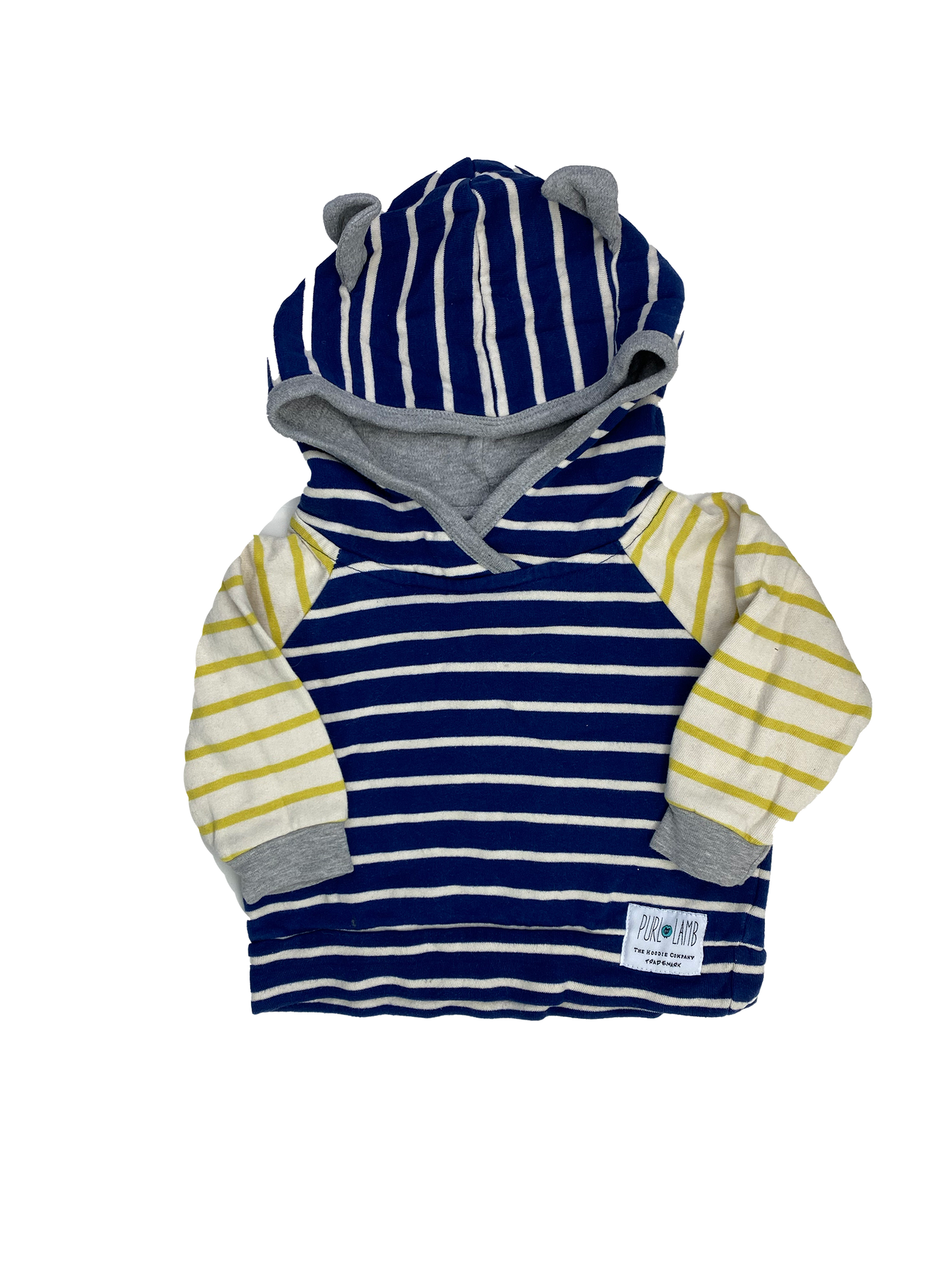 Purl Lamb Navy & Yellow Striped Pull-Over Hoodie with Ears 6-12M