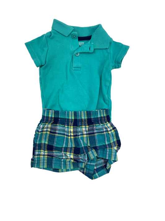 Carter's Green & Blue Set T-Shirt with Monsters & Plaid Shorts NB
