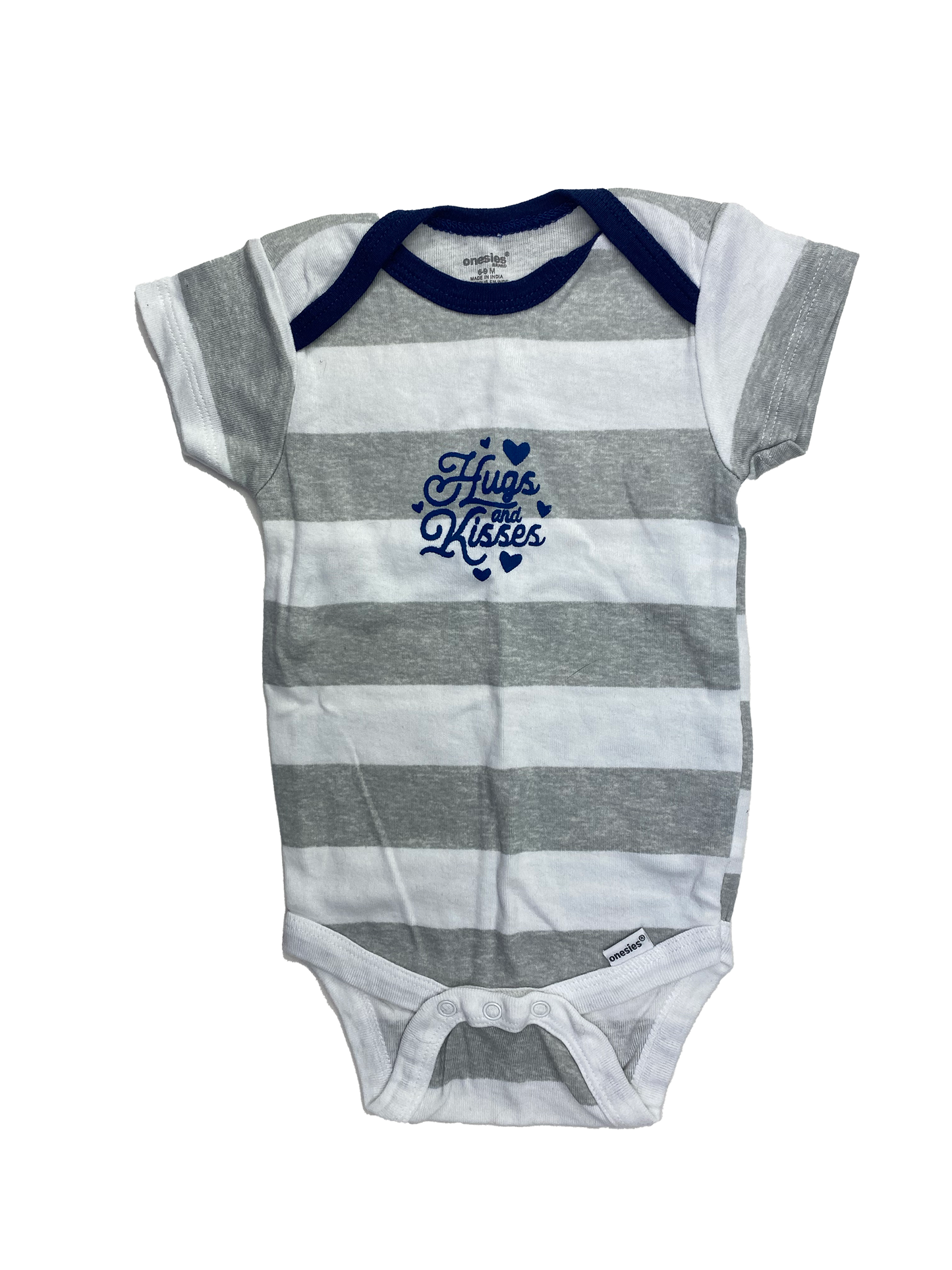 Onesies White & Grey Striped Onesie with "Hugs & Kisses" 6-9M