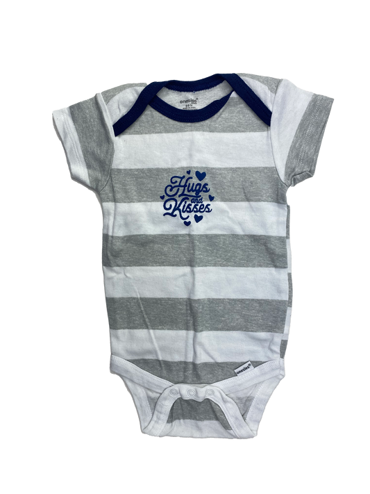 Onesies White & Grey Striped Onesie with "Hugs & Kisses" 6-9M