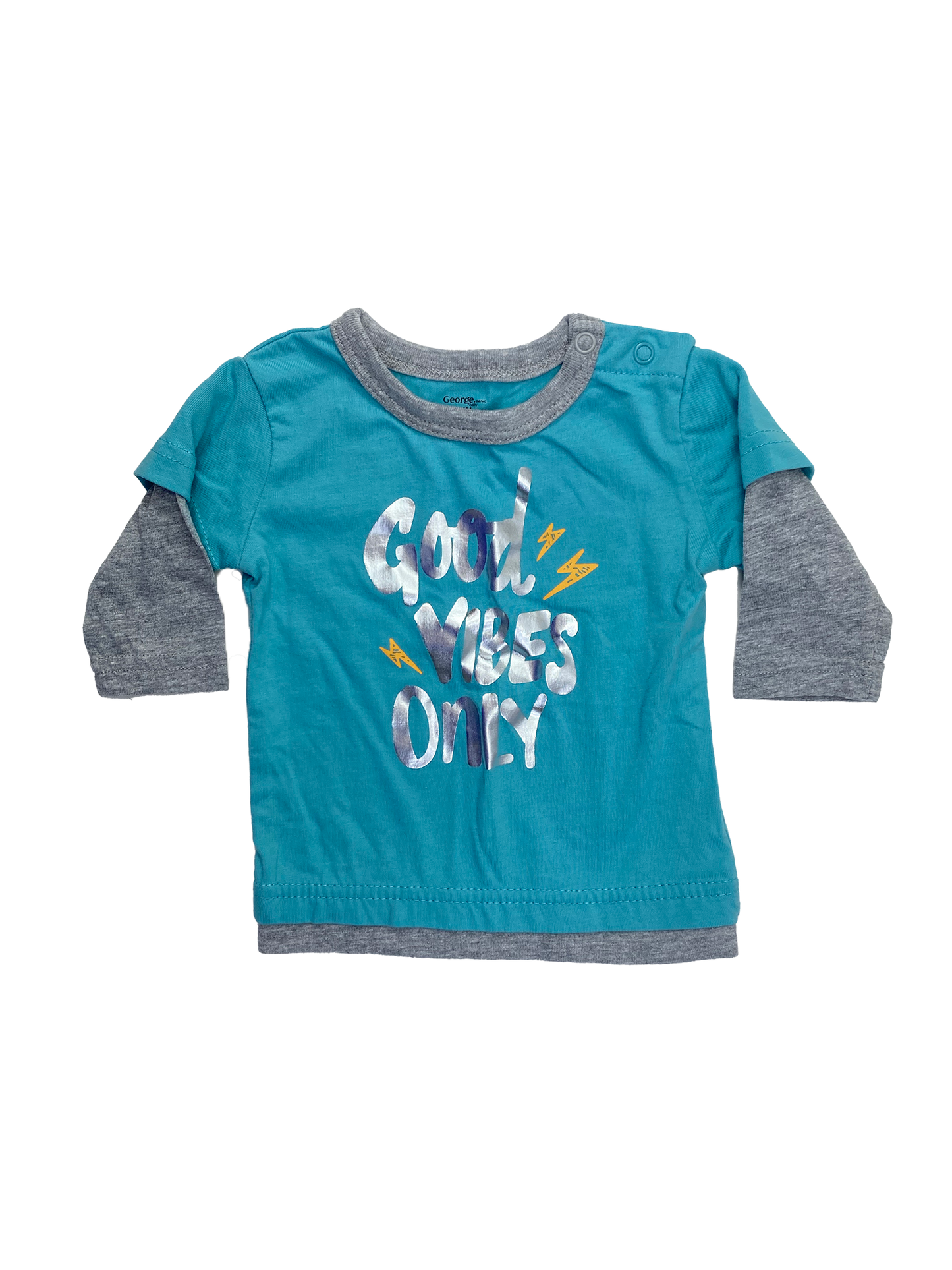 George Turquoise Long Sleeve Shirt with "Good Vibes Only" 0-3M