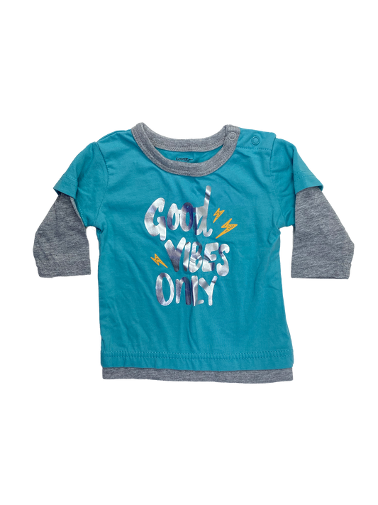 George Turquoise Long Sleeve Shirt with "Good Vibes Only" 0-3M