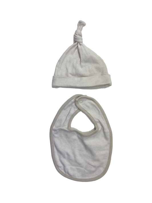 George Beige & White Striped Top Knot Beanie & Bib 0-9M