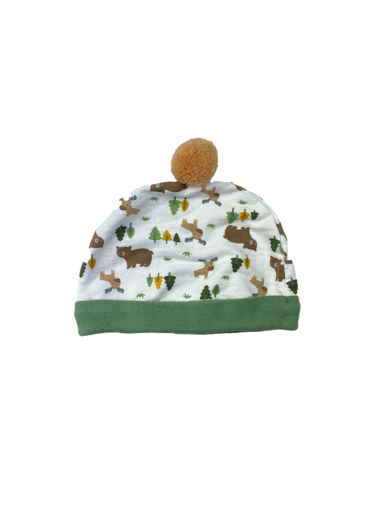 Green & White Beanie with Pom Pom 0-9M