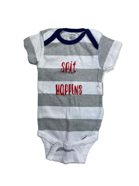 Onesies White & Grey Striped Onesie with "Spit Happens" 6-9M