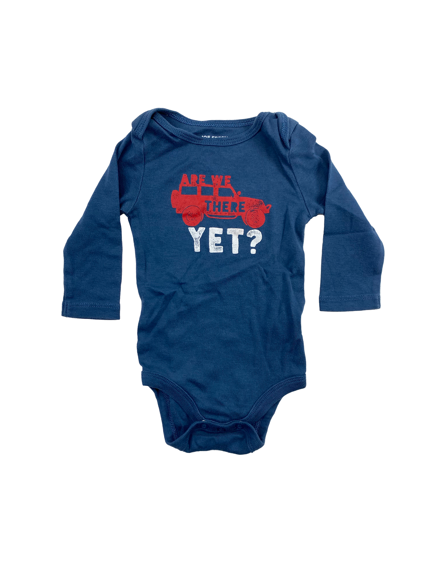 Joe Fresh Blue Onesie with Jeep & "Are We There Yet"  3-6M