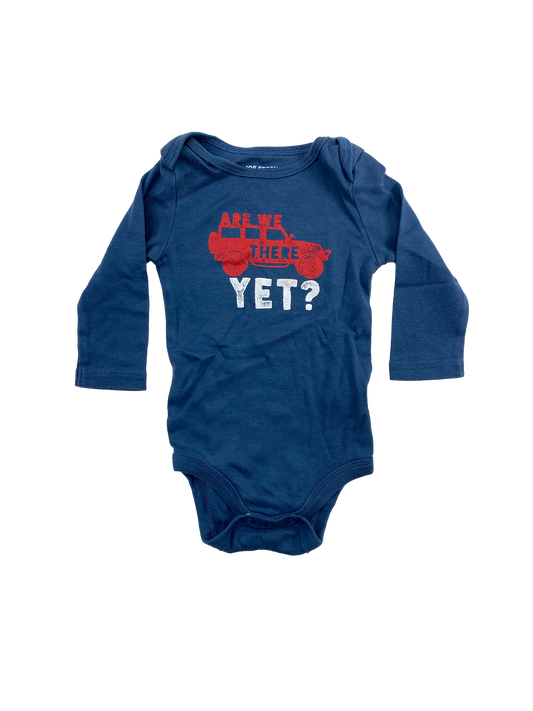 Joe Fresh Blue Onesie with Jeep & "Are We There Yet"  3-6M
