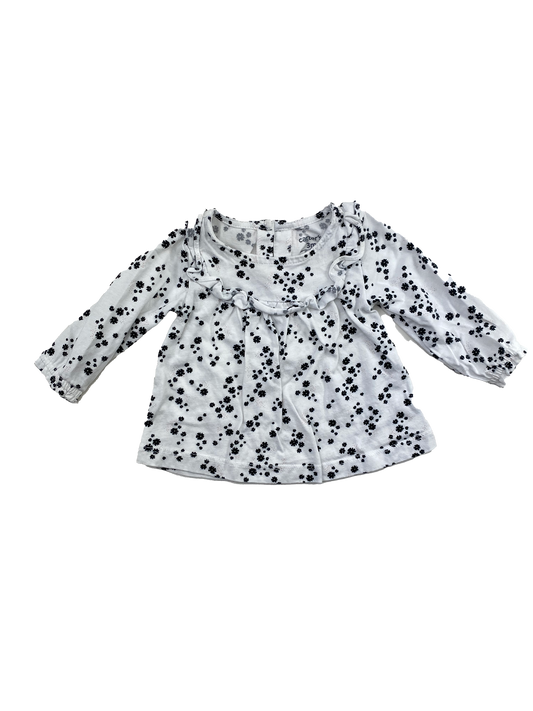 Carter's White Long Sleeve with Black Flowers & Ruffles 3M