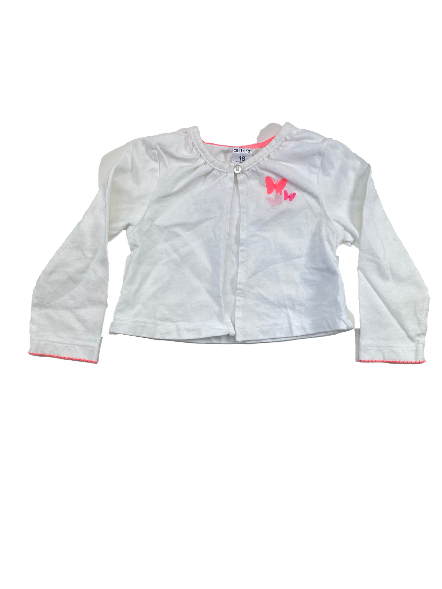 ❗️Small Stain: Carter's White Cardigan with Pink Butterflies 18M