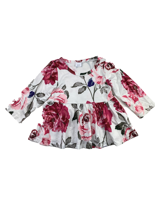 White Long Sleeve Shirt with Flowers 2-3T