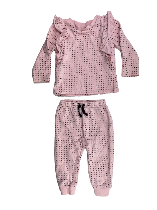 PL: Baby Pink 2-Piece Sweater & Joggers with Black Dots 18M