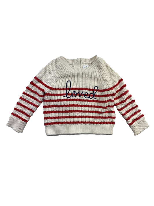 Baby Gap Cream Knit Sweater with Red Stripes "Loved" 6-12M