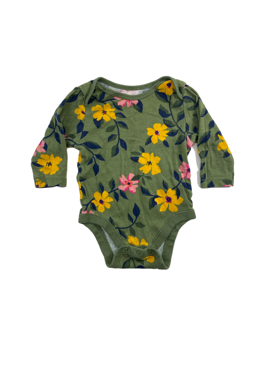 Old Navy Green Long Sleeve Onesie with Flowers 3-6M