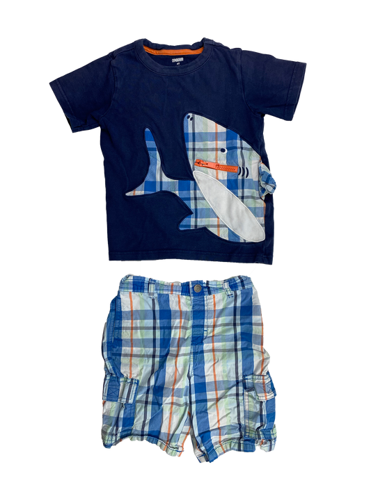Gymboree 2-Piece Set T-Shirt with Shark & Plaid Shorts 4T