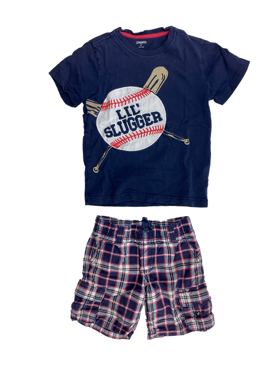 ❗️Stain: Gymboree 2-Piece Set "Lil Slugger" T-Shirt with Plaid Shorts 4T
