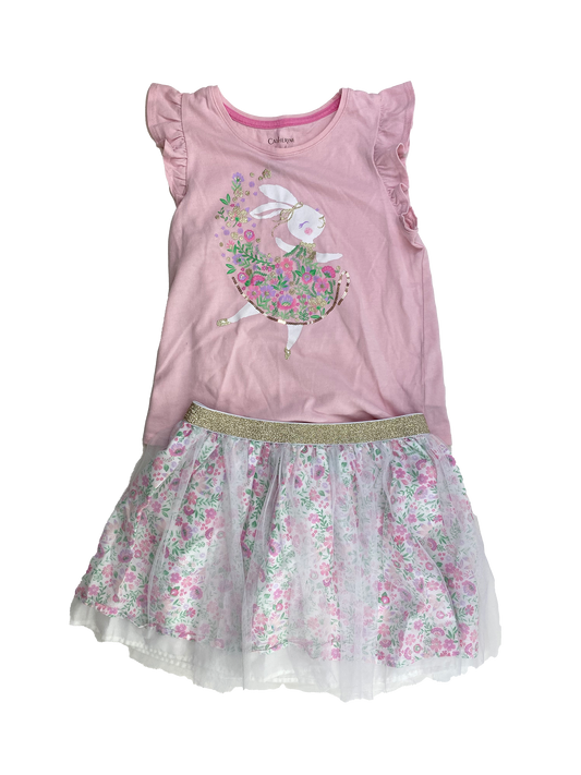 2-Piece Set Pink Bunny Tank Top & Floral Skirt 7-8
