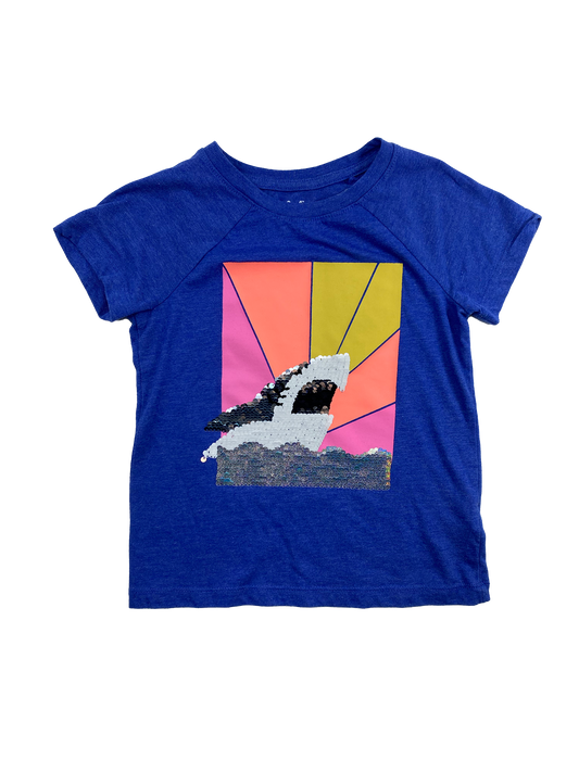 Cat & Jack Blue T-Shirt with Sequin Shark 4-5