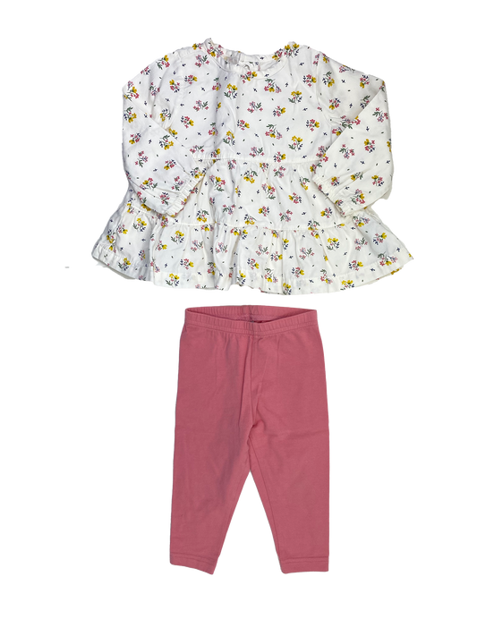 2-Piece Set White Floral Long Sleeve with Pink Leggings 12M