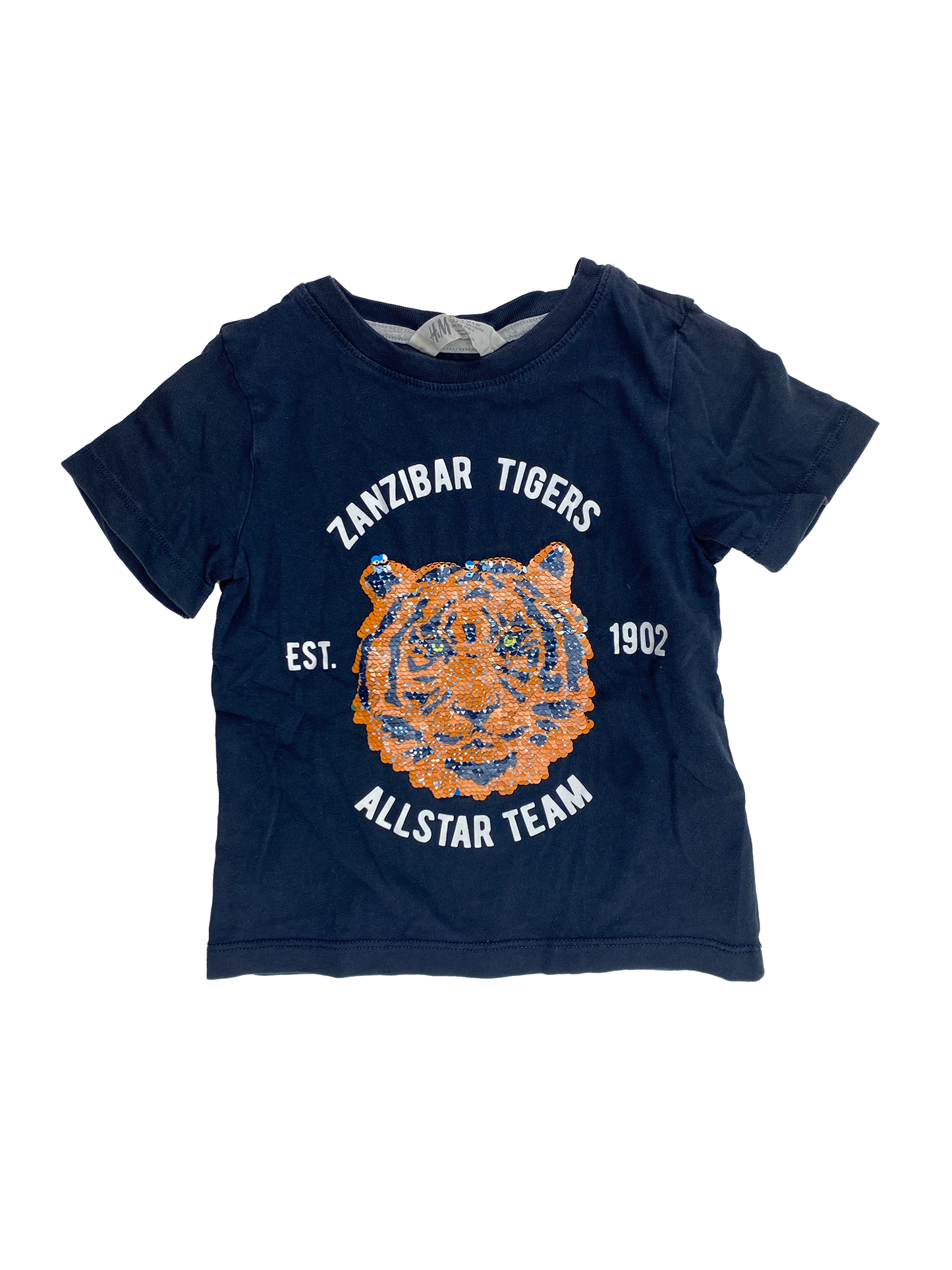 H&M Navy T-Shirt with Sequin TIger 3-4T