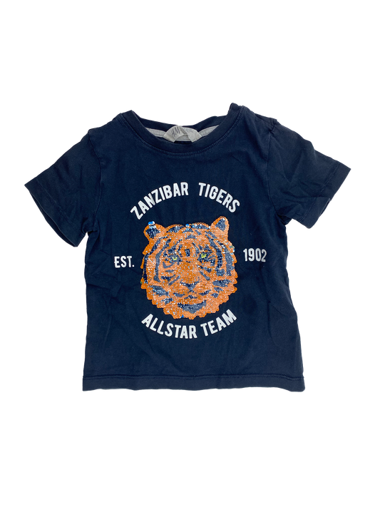 H&M Navy T-Shirt with Sequin TIger 3-4T