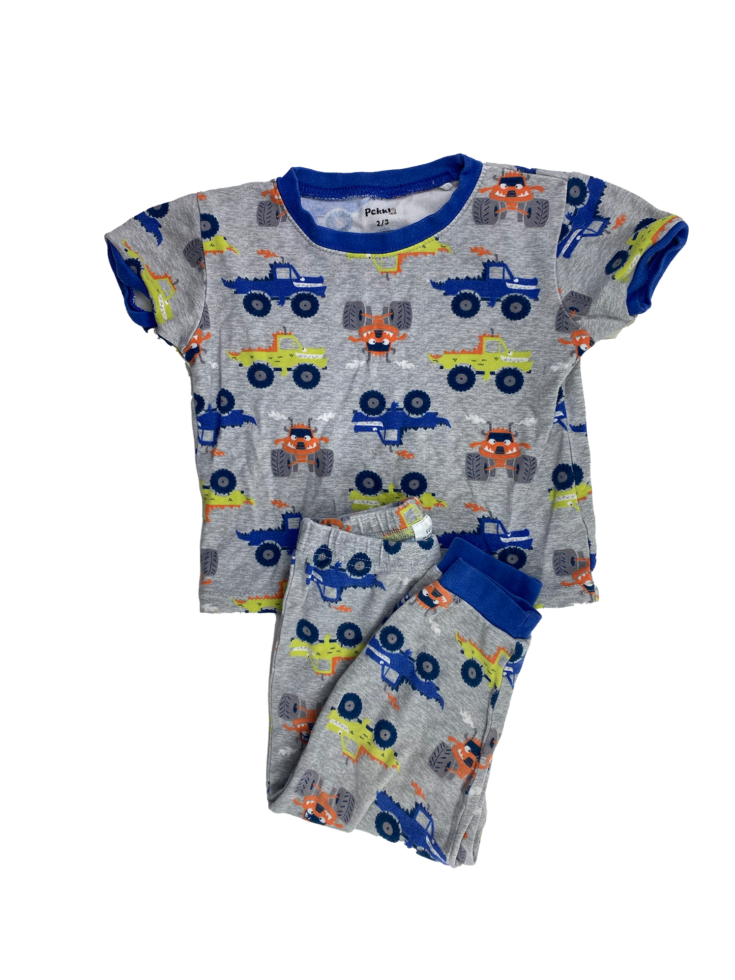 Pekkle Grey PJ Set with Monster Trucks 2-3T