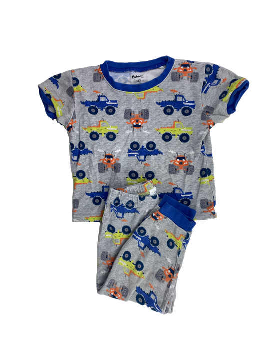 Pekkle Grey PJ Set with Monster Trucks 2-3T