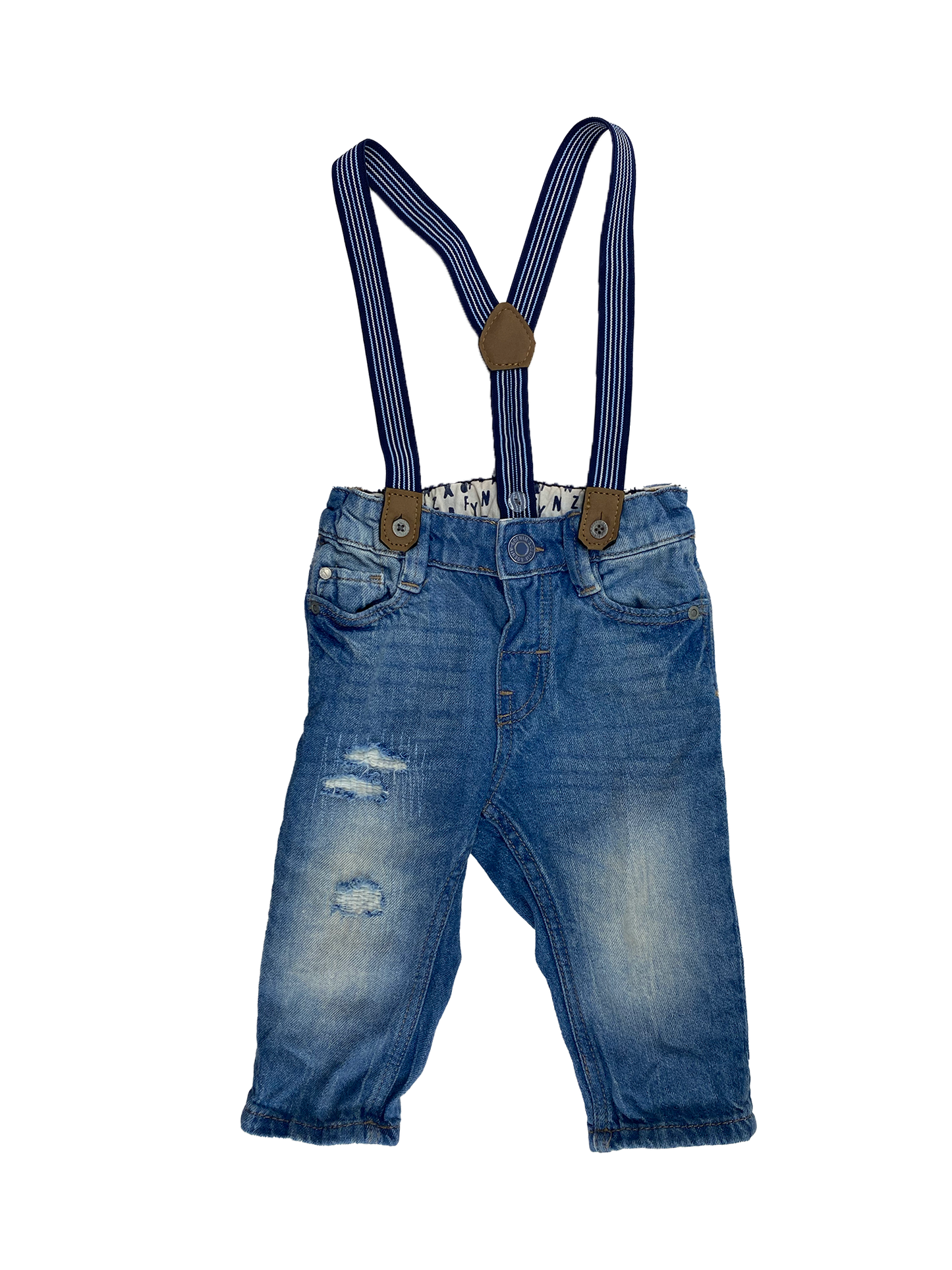 &Denim Medium Wash Distressed Jeans with Suspenders 6-9M